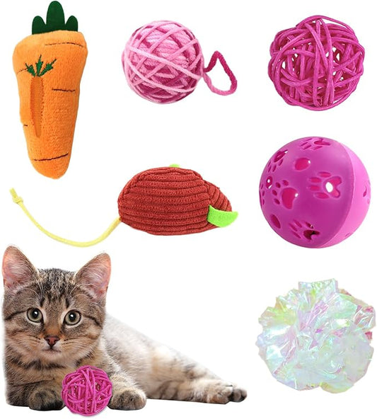 Andiker 6Pcs Cat Toy Pack, Cats Toy Set with Crinkle Balls, Pet Bell Balls, Pet Mouse Toy and Rattan Ball Stimulate Cats Hunting and Chasing Instincts Interactive Kitten Toys for Indoor Cat (Pink)