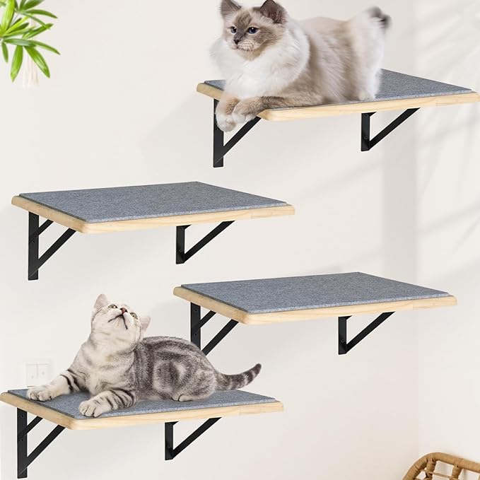 Burlywood Cat Shelves: Set of 4 Wood Cat Furniture Indoors - Climbing Shelf with Wall Mounted Scratching Pad & Hammock for Big Cats