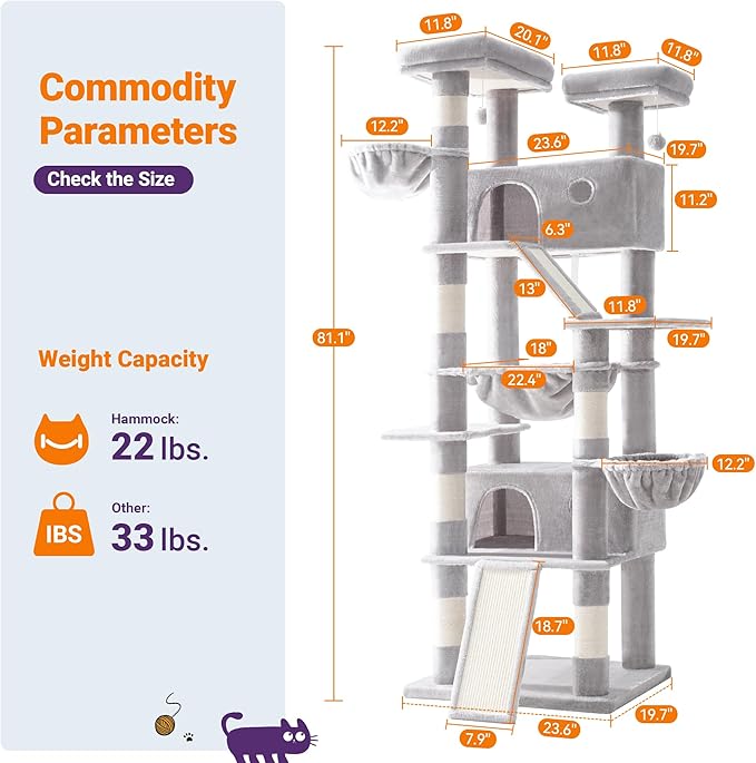 Allewie 81 Inches Tall Cat Tree/Multi-Level Large Climbing Tree House and Towers for Big Feline/Condo and Hammock/Scratching Post/Wide Base/Grey