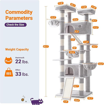 Allewie 81 Inches Tall Cat Tree/Multi-Level Large Climbing Tree House and Towers for Big Feline/Condo and Hammock/Scratching Post/Wide Base/Grey