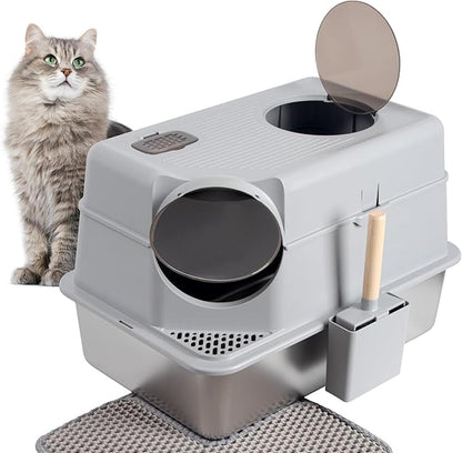 Stainless Steel Cat Litter Box with Lid,3IN1 Metal Litter Box High Sides for Big/Multiple Cats,Indoor,1-Mat and 1-Scoop,Easy to Clean, No Odor,Anti-Urine Leakage