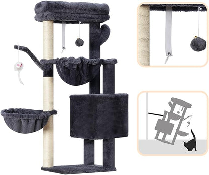 Heybly Cat Tree, 39.4 Inches Tower Condo with Scratching Post, Cat Tower for Indoor Cats, Fully Wrapped Sisal Pole, Soft Platform, 2 Baskets and Dangling Toy, Smoky Gray HCT006SG