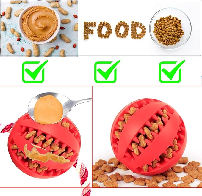 Interactive Dog Chew Toys Crate Training Aids for Puppies, Puzzle Treat Dispenser with Rope Dogs Toy Ball Reduce Stress Anxiety Peanut Butter Dog Food Treat Dispenser Toys (Red)