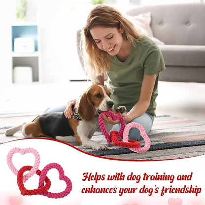 Leitee Valentine‘s Day Chew Toys Heart Interlocking Dog Rope Toy Heart Pet Chew Rope Puppy Throwing Toy Gifts Cotton Chewing Supplies for Small and Medium Dogs