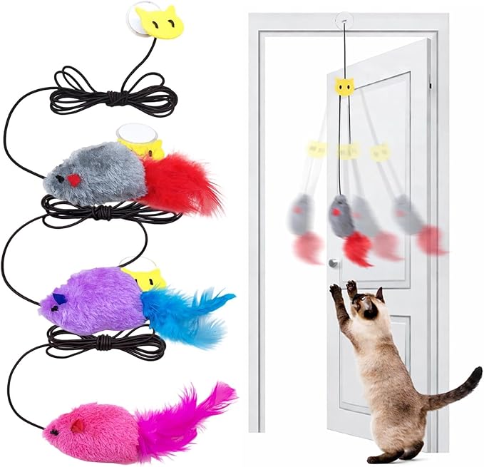 Interactive Hanging Mouse Cat Toys, 3 Pack Plush Mouse Cat Toy with Feather & Catnip, Movement-Activated Physical Sound, Adjustable Door Frame Self Play Toy for Indoor Cats