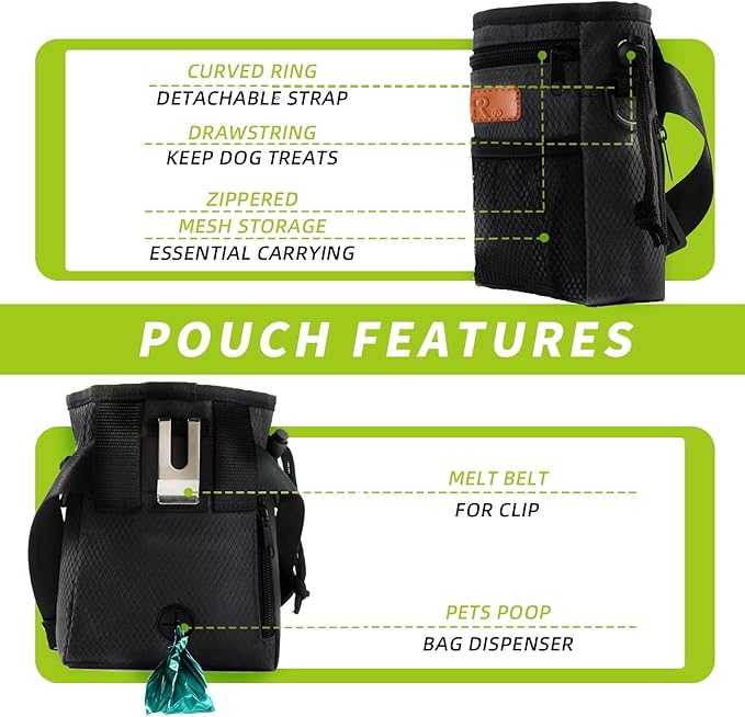 Dog Treat Training Pouch Easily Carries Pet Toys Kibble, Treats Built-in Poop Bag Dispenser 3 Ways to Wear Comes with a Foldable Silicone Bowl (Black)