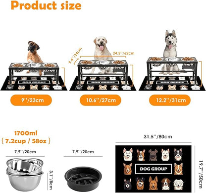 3-in-1 Slow Feeder Dog Bowl Stand, Elevated Raised Feeder with 1 Slow Feed & 3 Stainless Steel Bowls, Iron Stand, Custom Name Plate & Mat - Easy Clean for Fast Eaters, Multiple Dogs