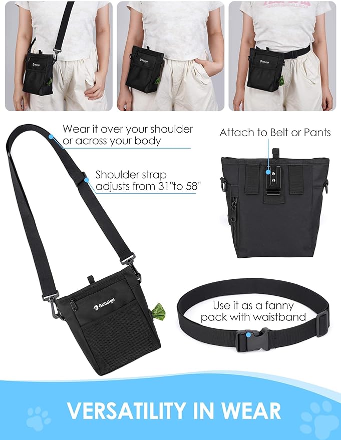 Gobeigo Dog Treat Pouch, Magnetic Closure & Sealable Silicone Bag Insert, 4-Cup Capacity – Belt Clip/Waist Belt/Crossbody Wear, Clicker Included – Great for Pet Training & Walking (Black)