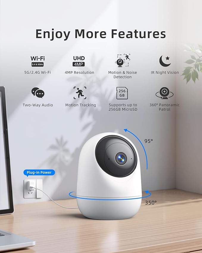 4MP Indoor Camera 5G/2.4G WiFi 6 360°Pan Tilt 2.5K Supports MicroSD up to 256GB (No Card) Plug-in Pet Camera with Speaker for Dog/Cat Baby Monitor with Phone App,Motion Tracking, Compatible with Alexa