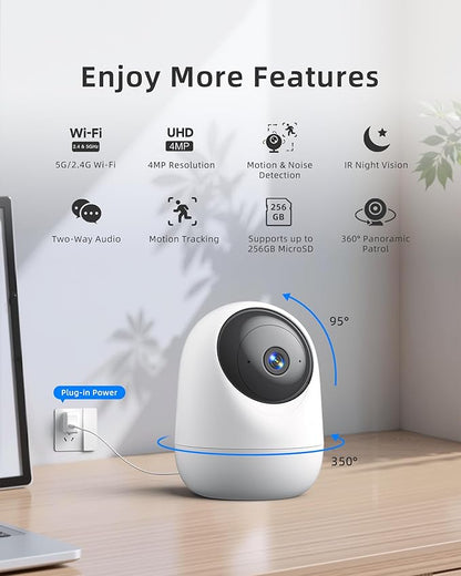 4MP Indoor Camera 5G/2.4G WiFi 6 360°Pan Tilt 2.5K Supports MicroSD up to 256GB (No Card) Plug-in Pet Camera with Speaker for Dog/Cat Baby Monitor with Phone App,Motion Tracking, Compatible with Alexa