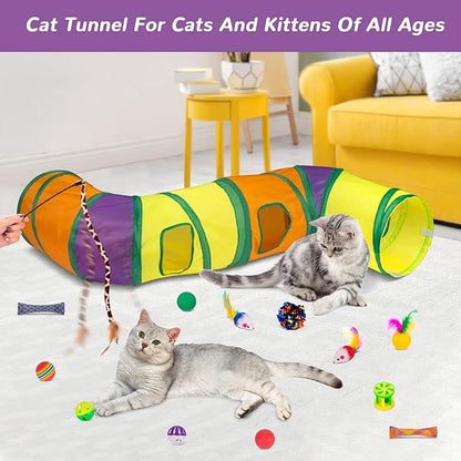 Retro Shaw 33Pcs Cat Toys, Large Cat Tunnels with Toys, Interactive Kitten Toys for Indoor Cats Kitty, Collapsible Cat Tube Tent Feather Wand Teaser Bell Fuzzy Ball Crinkly Springs Mouse