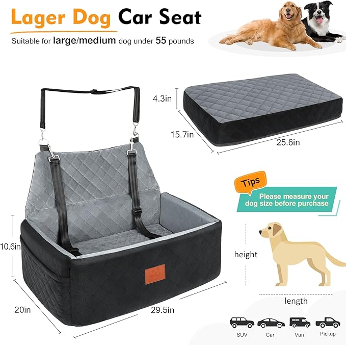 Dog Car Seat for Large Medium Dogs,Washable Pet CarSeat Under 55 lbs or 2 Small Dogs,Dog Booster Seat Travel Bed with Thick Cushion,2 Safety Leashes