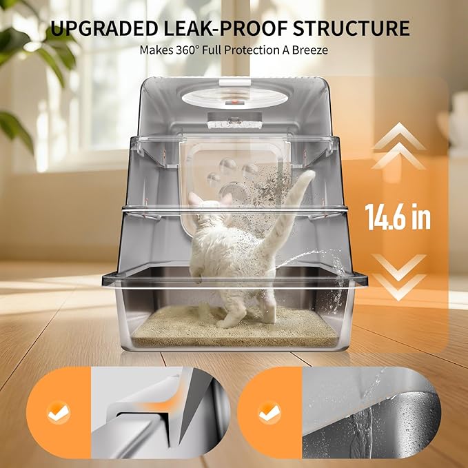 Stainless Steel Cat Litter Box with Lid, Small Enclosed Metal Litter Pan for Kittens & Small Animals, Full Flip Cover Litter Box Include Scoop & Step, Leak Proof Easy Clean Odor Control, Grey