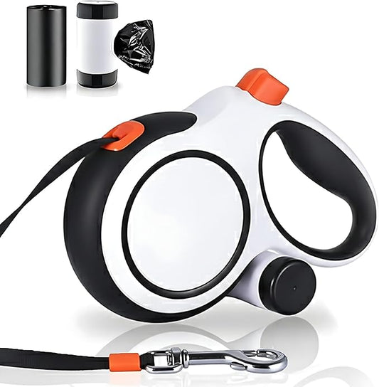 26Ft Heavy Duty Retractable Dog Leash with Dispenser and Poop Bags, for Small, Medium & Large Dogs Up to 110Lbs, 360° Tangle-Free Design and a Durable Chrome Plated Hook