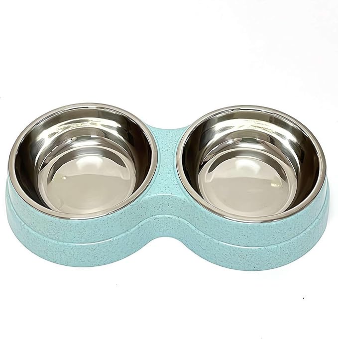 Dog Bowls Double Dog Water and Food Bowl Stainless Steel with Anti-Tip Base, Food and Water Set for Small Medium Pets (Blue)