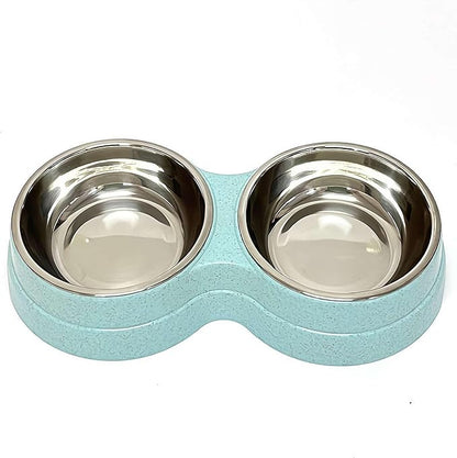 Dog Bowls Double Dog Water and Food Bowl Stainless Steel with Anti-Tip Base, Food and Water Set for Small Medium Pets (Blue)