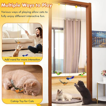Interactive Cat Toys for Indoor Cats, Retractable Door Hanging Cat Toys with Catnip and Feathers, 3 Pack Chirping Bird Cat Toy for Chase Exercise Boredom Buster for Kittens & Adult Cats