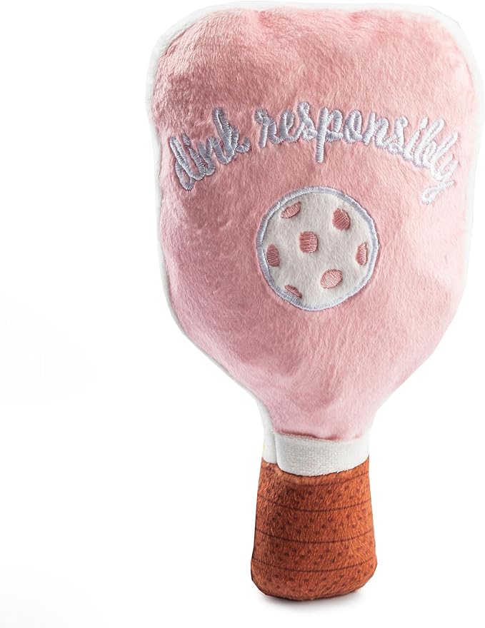 Haute Diggity Dog Pink Checker Pickleball Paddle, Plush Trendy Sporty Dog Toys with Interactive Squeaker, Stimulating Pet Enrichment, Machine-Washable & Safe Materials for All Breeds, One Size