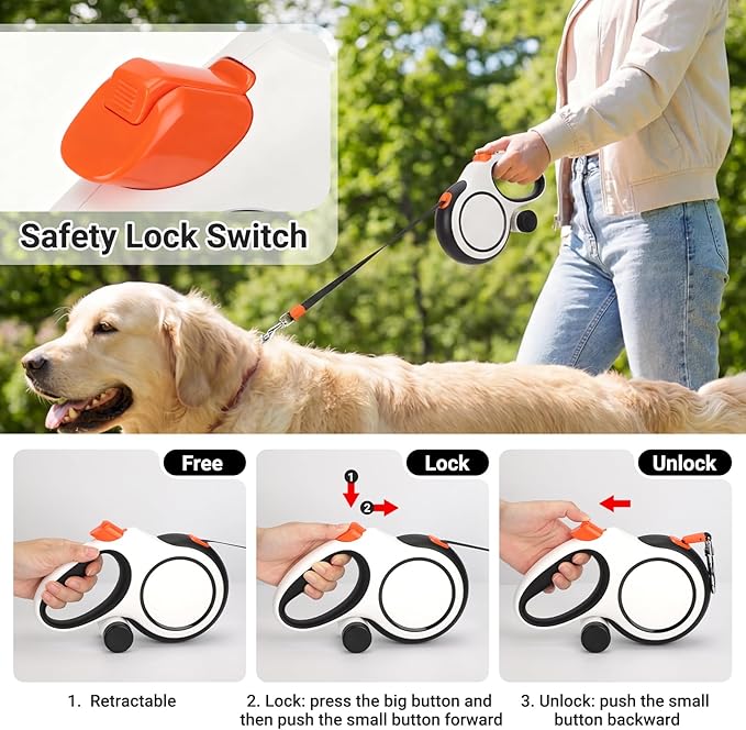 Segarty 26 Ft Walking Lead for Dogs 66 lbs - 110 lbs, 360°Tangle-Free 8m Retractable Long Leash with Detachable Poop Bag Holder for Pets Walk Outside, Anti-Slip Handle and One-Handed Brake Pause Lock