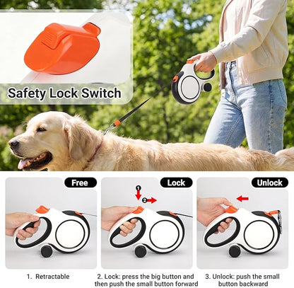Segarty 26 Ft Walking Lead for Dogs 66 lbs - 110 lbs, 360°Tangle-Free 8m Retractable Long Leash with Detachable Poop Bag Holder for Pets Walk Outside, Anti-Slip Handle and One-Handed Brake Pause Lock