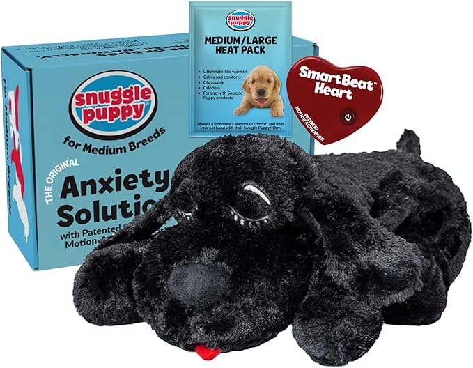 Snuggle Puppy Heartbeat Dog Toy for Puppies, Real-Feel Heartbeat, Calming Sleep Aid and Crate Training Comfort Toy with Heat Pack, Black Plush Design