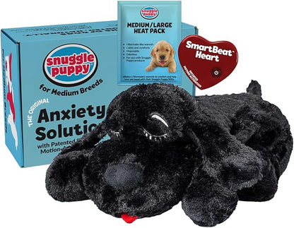 Snuggle Puppy Heartbeat Dog Toy for Puppies, Real-Feel Heartbeat, Calming Sleep Aid and Crate Training Comfort Toy with Heat Pack, Black Plush Design