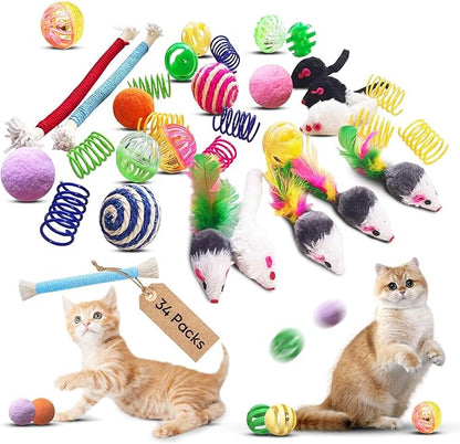 Cat Toys for Indoor Cats, 34 Packs Interactive Cat Toy Set with Colorful Springs Toys, Mouse Toy, Catnip Ropes, Balls, Bells, and Sisal Ball for Kittens