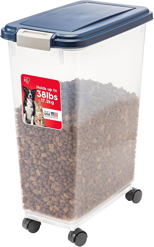 IRIS USA Dog Food Storage Container 38 lb, Airtight Large Pet Food Storage Bin with Wheels, for Dog Cat Bird Chicken Food, Holds Up to 38 Lbs, Keep Fresh, BPA Free, Made in USA, Navy