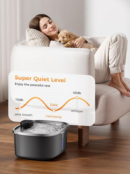 Water Fountain for Dogs Cats Stainless Steel 10L/2.64Gal Wireless Smart Automatic Water Dispenser Cordless Quiet Bowl Multi-Filtered Multi-Pet Home Outdoor -Wireless Black&1Filters