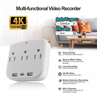 ULar 4K Outlet Camera Wall Charger Indoor Cameras Pet Monitor-WiFi Cam with App Remote, Motion Alerts & Local Storage- No Audio