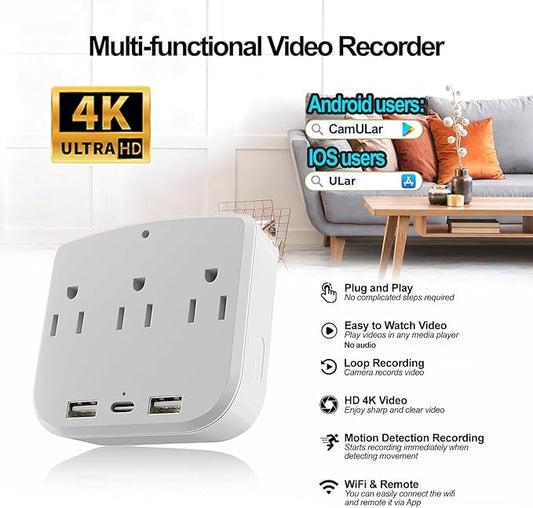 ULar 4K Outlet Camera Wall Charger Indoor Cameras Pet Monitor-WiFi Cam with App Remote, Motion Alerts & Local Storage- No Audio