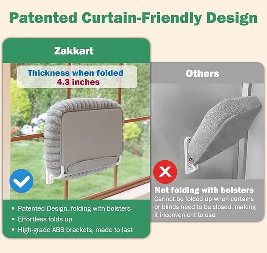 Zakkart SnugCloud Foldable Cat Window Perch - Cordless, Ultra Soft Machine Washable Bed with 4-Sided Bolster, Metal Frame - Window Hammock for Large Cats and Kittens (Brown, Large)