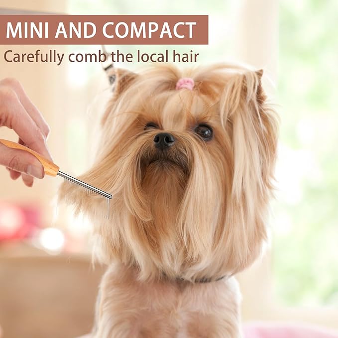 Small Dog Comb with Wooden Handle Dog Eyes&Mouth&Face Metal Comb Pet Fine Tooth Flea Comb Pet Grooming Tool for Dogs and Cats Remove Loose Hair Dirt Fleas