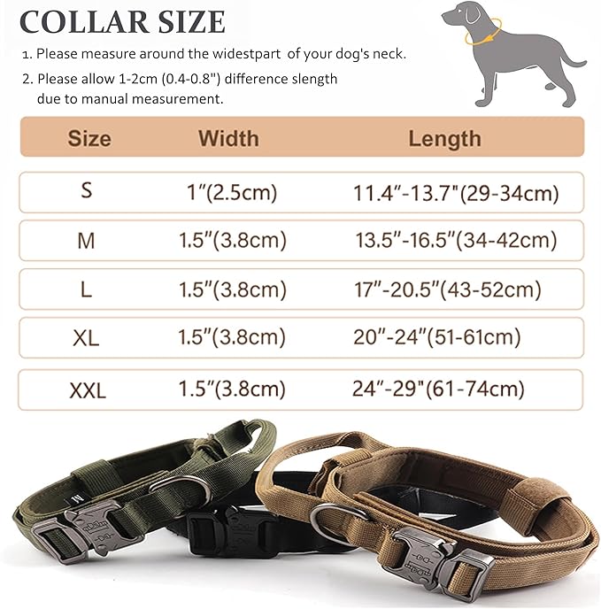 Tactical Dog Collar Set, Adjustable Military Training Nylon Dog Collar with Control Handle and Heavy Quick-Release Metal Buckle for Small Medium Large Dogs, Brown Set XXL