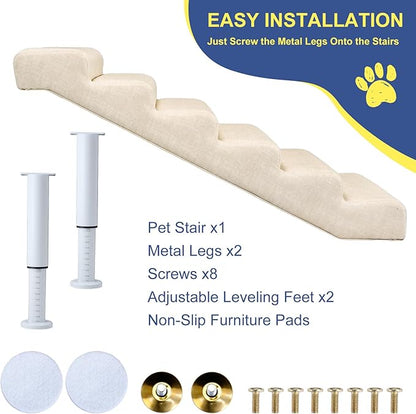 DoCred Adjustable Pet Stairs for Beds & Sofas - 6 Step 21.2"-24.4" H Non-Slip Dog Stairs for Small to Medium Dogs & Cats, Supports up to 150 lbs - Linen Faux Leather Dog Steps