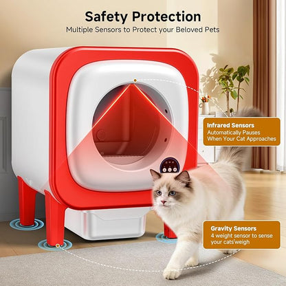 Self Cleaning Litter Box, Extra Large Automatic Cat Litter Box Self Cleaning for Multiple Cats, App Control, Safety Protection, Ultra-Quiet,Includes Trash Bags,Red