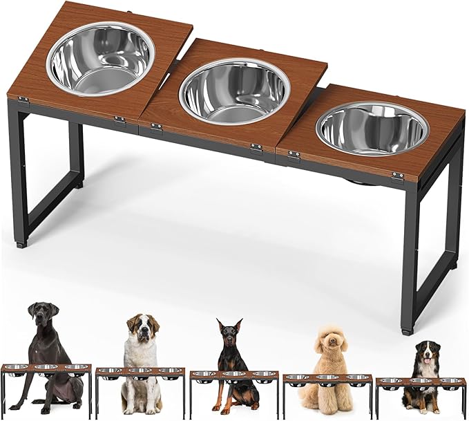 Elevated Dog Bowls Large Breed,Adjustable Raised Dog Bowl Stand,Stainless Steel 3 Bowl Dogs Feeding Station,12.5cup/101oz Each Food Water Bowl(Iron Holder,Wooden Platform,Grained Oak)