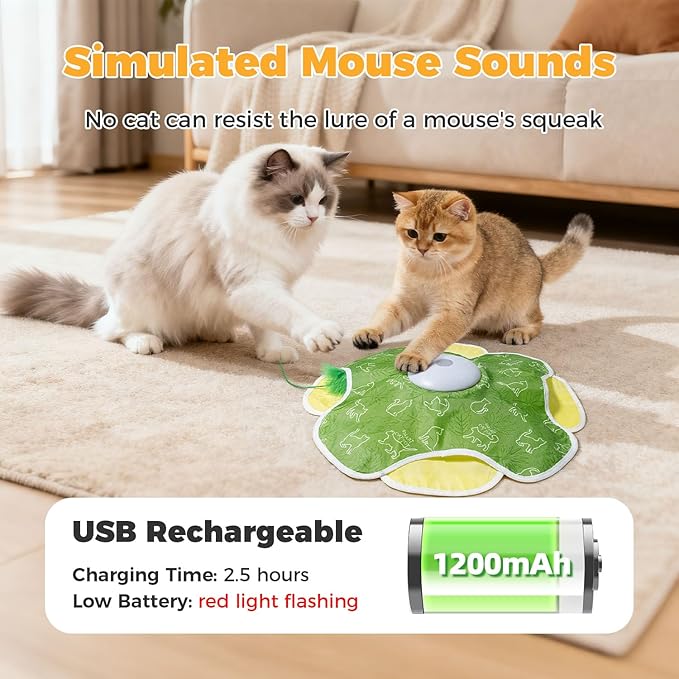 Cat Toys for Bored Indoor Adult Cats, Rechargeable Interactive Cat Toy, 2 in 1 Hide and Seek Cat Toy with Motion Activated, Moving Concealed Feathers, Bored Adult Cats Wand Toy