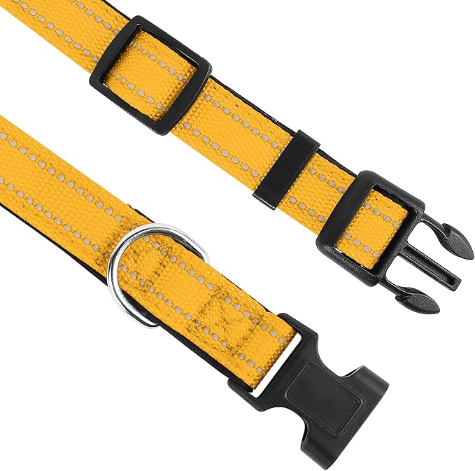 Reflective Dog Collar, Adjustable Soft Neoprene Padded Nylon Pet Collars with Buckle for Medium Dogs, Yellow,M