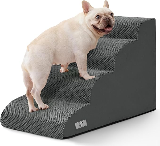 Dog Steps for Bed, 4 Step Pet Stairs for Small and Medium Dogs, Non-Slip Dog Ramp with Washable Cover, High-Density Support Foam for Easy Climbing,Grey