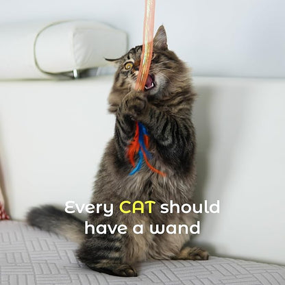 Interactive Cat Wand Toy 3 Pack, Woven Mesh Fishing Pole with Feathers Bell & Pom Pom, Teaser Wand for Bored Indoor Cats and Kittens, Exercise Toy to Stimulate Hunting Instinct — Pink Yellow Orange