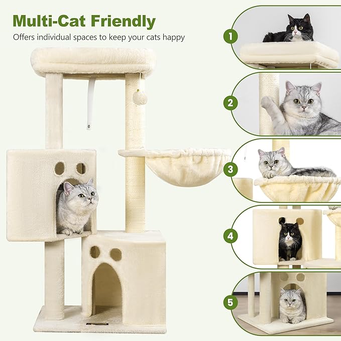Small Cat Tree Tower for Indoor Cats, 40 in Medium Multi-Level Compact Cat House Bed with 2 Condos, Large Platform Perch, Sisal Scratching Post, Hammock, Cat Climbing Stand for Kitty Kitten(Beige)