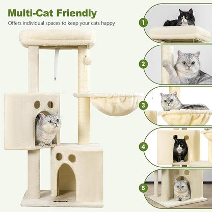 Small Cat Tree Tower for Indoor Cats, 40 in Medium Multi-Level Compact Cat House Bed with 2 Condos, Large Platform Perch, Sisal Scratching Post, Hammock, Cat Climbing Stand for Kitty Kitten(Beige)