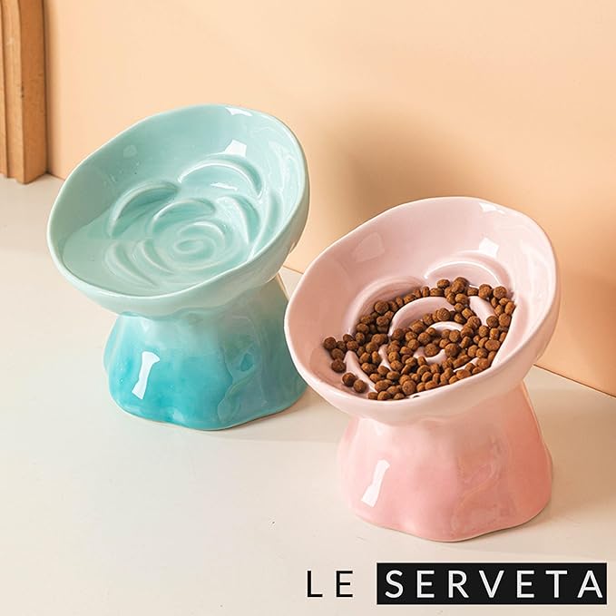 Elevated Ceramic Cat Bowl, Tilted Slow Feeder Pet Dish with Gradient Color Coating, 3.3 Ounces Capacity, Anti-Gulping Design with Rose Bouquet Design (Gradient Green)