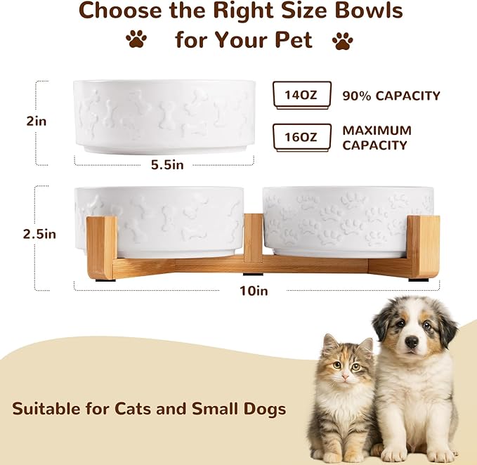 Dog Bowls Set with Wood Stand & Mat Waterproof, 1.5 Cups Ceramic Dog Bowls Elevated for Small Dogs, Dual Food and Water Bowls with Weighted Non-Slip Base 13.5 OZ