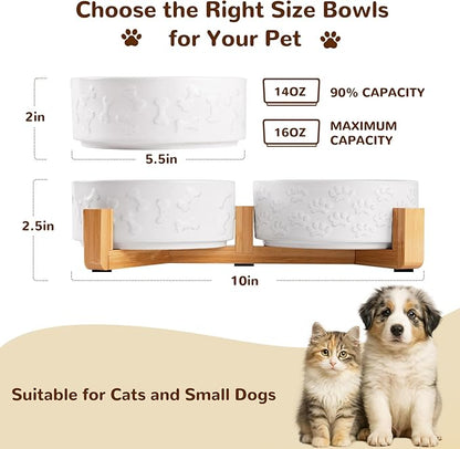 Dog Bowls Set with Wood Stand & Mat Waterproof, 1.5 Cups Ceramic Dog Bowls Elevated for Small Dogs, Dual Food and Water Bowls with Weighted Non-Slip Base 13.5 OZ