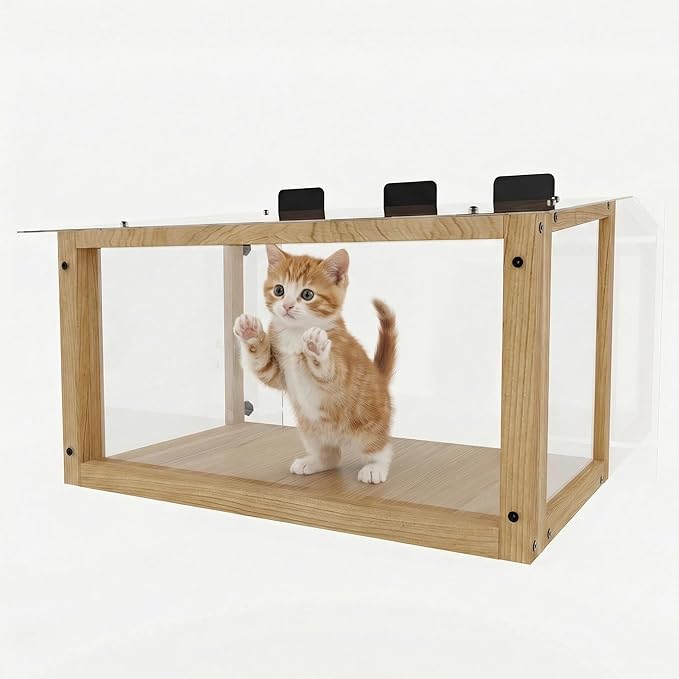 Waterproof Window Cat Perch Catio, Solid Wood Cat Window Box with Clear Acrylic Panels, Outdoor Cat Enclosure for Indoor Cats, Window Catio for Single-Hung Windows 24–35 in