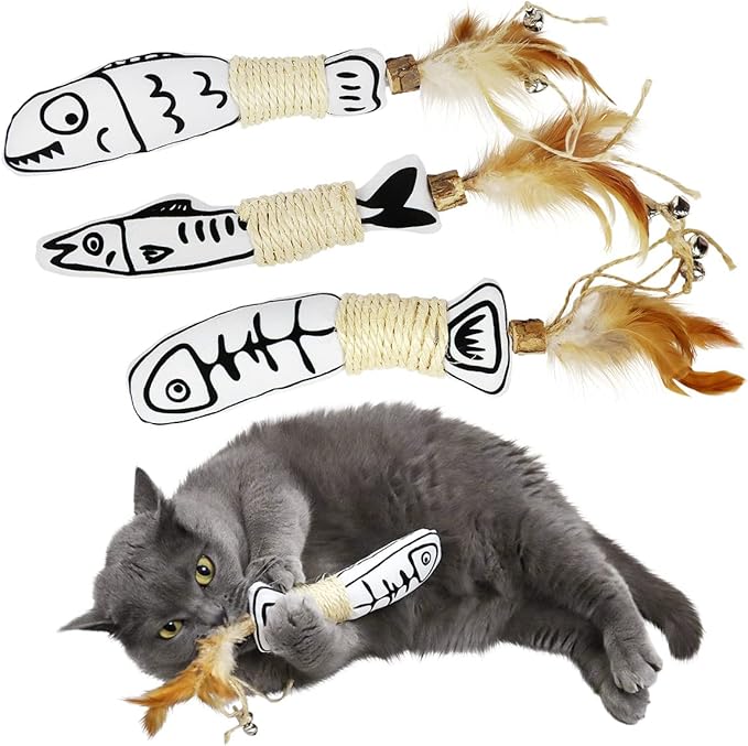 SNOWLOVE 3-Pack Cute Catnip Feather Toys with Silvervine Rope & Bells