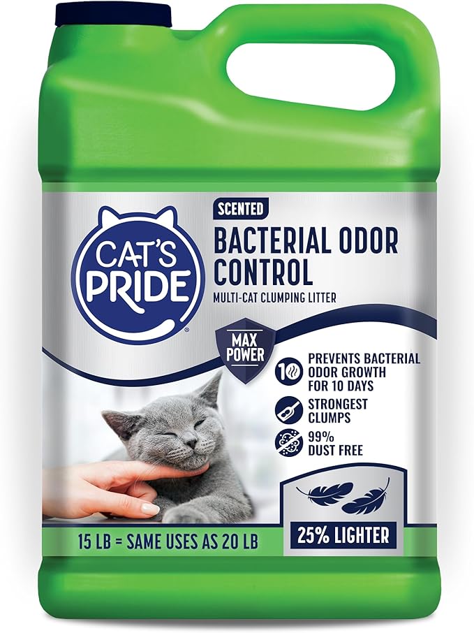 Cat's Pride Max Power: Bacterial Odor Control - Up to 10 Days of Powerful Odor Control - Strong Clumping - 99% Dust Free - Multi-Cat Litter, Scented, 15 Pounds