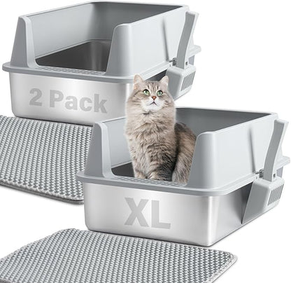 Stainless Steel Litter Box with Lid, 2 Pack Metal Litter Box XL, Extra Large Cat Litter Boxes for Big/Multiple Cats, Anti-Urine Leakage,No Smell, Non-Stick, Includes Scooper and Mat